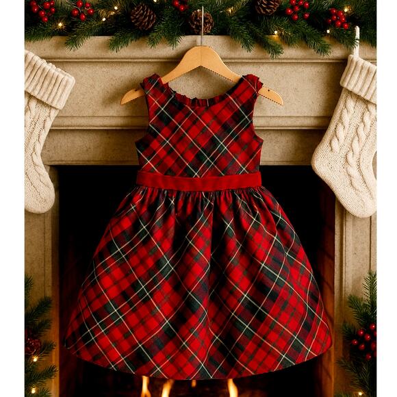 Janie and Jack Red Silk Tartan Plaid Holiday Dress | Velvet Waist | Girls Size 4 - Picture 1 of 10